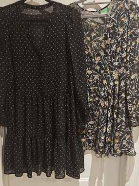 Set of 2 Boho Midi Dresses | Black Floral & Polka Dot | Size S/M